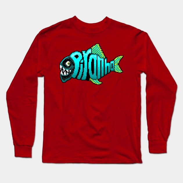 Piranha 8 Bit Art Long Sleeve T-Shirt by 8 Fists of Tees